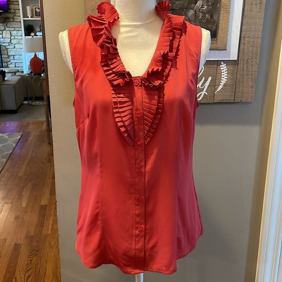 The Limited Coral Red Ruffle Front Sleeveless Button Down Shirt - Picture 2 of 7